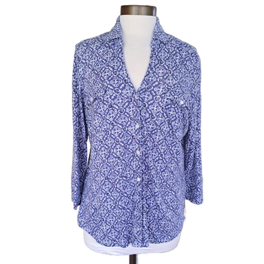 J McLaughlin Soft Linen Knit Button Down Top Size Large Blue White Print